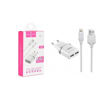Сетевое зарядное устройство HOCO C12 2USB 2.4A с кабелем Lightning,белый оптом Сетевое зарядное устройство HOCO C12 2USB 2.4A с кабелем Lightning,белый оптом