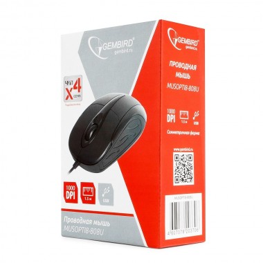 Мышь проводная Gembird MUSOPTI8-808U, USB, черный, 2кн.+колесо-кнопка, 1000DPI оптом Мышь проводная Gembird MUSOPTI8-808U, USB, черный, 2кн.+колесо-кнопка, 1000DPI оптом